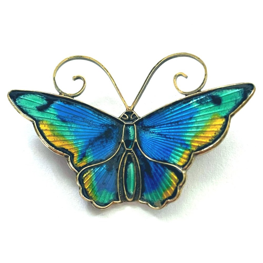 David Andersen Norway Sterling Silver Enamel Butterfly Brooch Blue Green Yellow